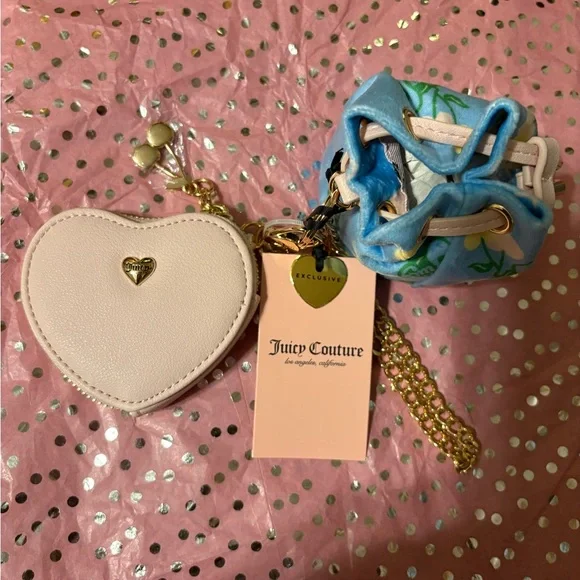 Juicy Couture Blue Gleam Drawstring Mini Bag with Heart Mirror Charm Pouch NWT - Picture 4 of 10